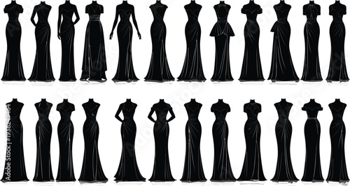 Collection of elegant black silhouette evening gowns and formal party dresses for fashion design, bridesmaid attire, gala events, and weddings.