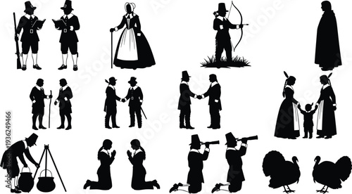 Colonial American silhouettes featuring Pilgrims, Native Americans, Thanksgiving traditions, family life, prayer, cooking, and historical interaction scenes