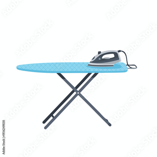 Modern Electric Iron on a Blue Ironing Board for Household Use