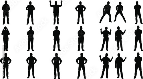 Human body silhouettes diverse poses, gesture recognition vector illustration, modern lifestyle design elements, artistic profiles for motion analysis studies