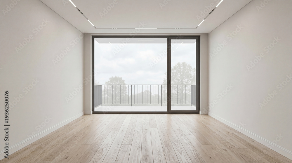 Fototapeta premium Modern minimal living room featuring wood floor with a large window elegant contemporary white room ,Color of the Year 2026 – Cloud Dancer ,copy space ,empty room.3Drender