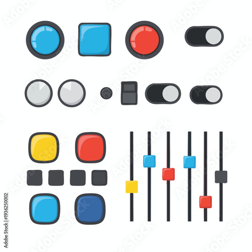 Collection of colorful toggle switches and sliders for electronic devices