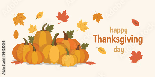 Happy thanksgiving day banner with pumpkins and autumn leaves on beige background