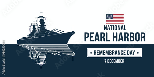 Pearl harbor remembrance day illustration with battleship reflection and american flag