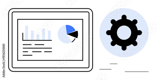 Data analytics concept. Data analytics combined with system optimization by a dashboard and a gear icon. Data analytics visual for business, IT, finance, system management, and marketing