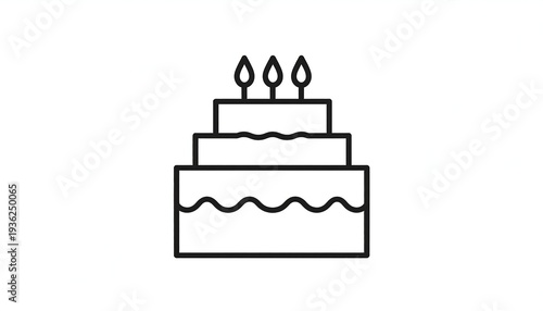 Line-art depiction of a three-tiered cake with three lit candles. Simple design on a blank white background
