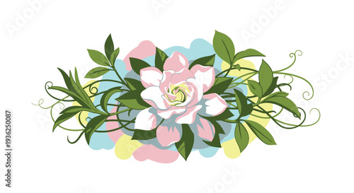 Pink and White Flower with Green Leaves and decorative swirls