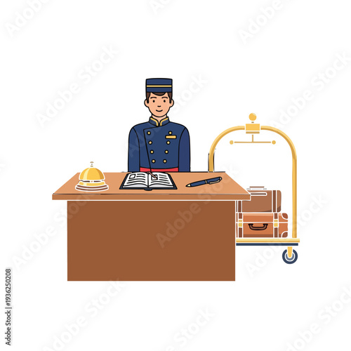 Professional Hotel Concierge Standing Behind a Reception Desk with Bell and Service Cart