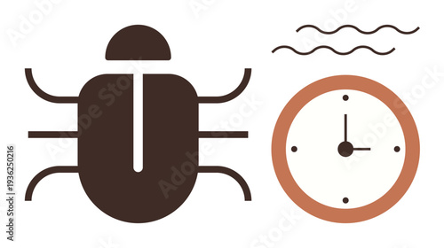 Time management, debugging, software issues, project deadlines, productivity, problem-solving. A bug icon next to a clock with wavy lines. Time management and debugging concept