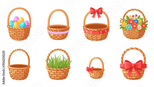 Collection of eight decorative woven baskets for Easter and spring celebrations