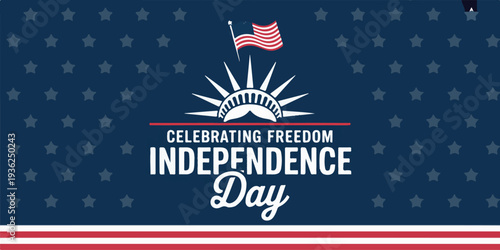 Celebrating freedom independence day with American flag and statue of liberty sunburst graphic