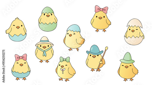 Cute cartoon chicks dressed in Easter eggshells and accessories for spring celebration