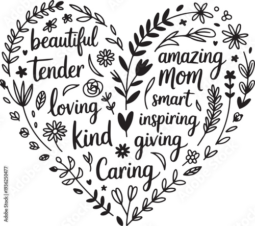 Heart shape filled with words about mom beautiful tender loving kind amazing smart inspiring giving caring gratitude