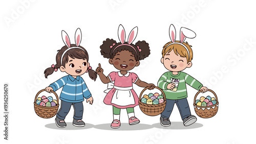 Three diverse children wearing bunny ears and holding Easter egg baskets