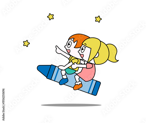 クレヨンに乗った子ども①（ベクター）