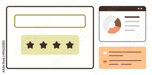 Business analysis, user feedback, customer satisfaction, performance metrics, online reviews, decision-making. Star rating interface and pie chart analytics. Customer satisfaction and business