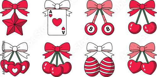 Collection of colorful kawaii style illustrations featuring bows cherries playing cards and festive decorative elements on transparent background