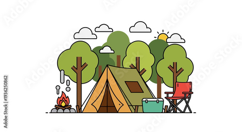 Camping scene with a tent, trees, and camping gear in a serene outdoor setting