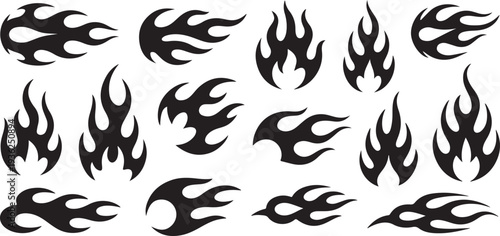 Dynamic flame shapes and fire elements in a bold graphic style suitable for tattoos stickers and energetic visual applications on transparent background