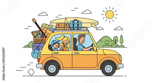 Family Embarks on Road Trip in Yellow Car with Luggage and Surfboards on a Sunny Day