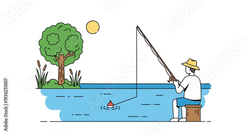 Man fishing from a wooden stool on a serene lake with a tree and lush greenery nearby on a sunny day