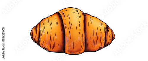 A rustic, hand-drawn illustration of a golden-brown croissant, showing flaky layers and a slightly irregular shape, cafe, layers