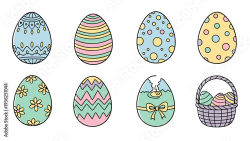 Collection of colorful and decorative Easter eggs with various patterns and a basket
