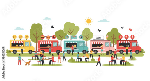 Vibrant food trucks gather in a lively outdoor setting with people and trees under a sunny sky