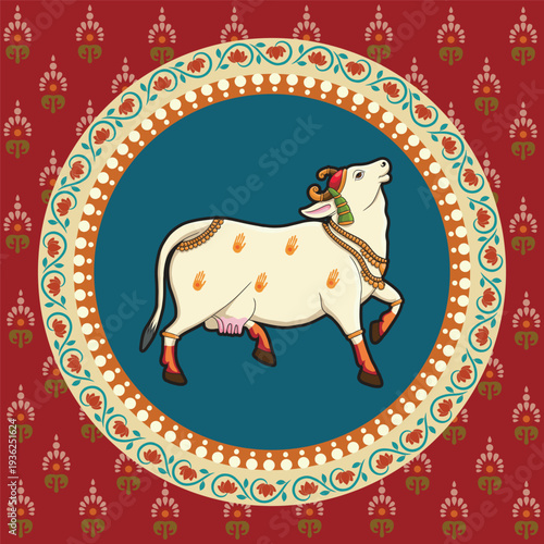 Indian Miniature Painting Pichwai Cow in Round Design
