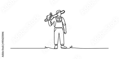 A continuous line drawing of a construction worker or handyman standing with a power tool on their shoulder, ready for work. Vector, illustration