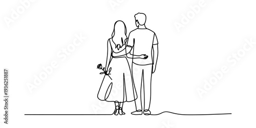 A simple continuous line art drawing of a loving couple standing side by side, seen from behind Vector, illustration