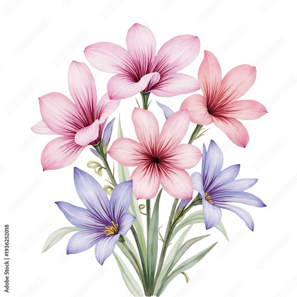 Obraz premium Delicate Pink and Purple Lily Bouquet Watercolor