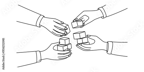 A line drawing illustration of four hands cooperating to build or assemble small blocks together Vector, illustration