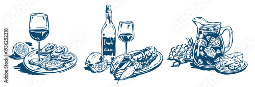 Mediterranean summer hand-drawn vector food sketches: wine glass with oysters, wine bottle with lobster and lemon, sangria pitcher with grapes and cheese