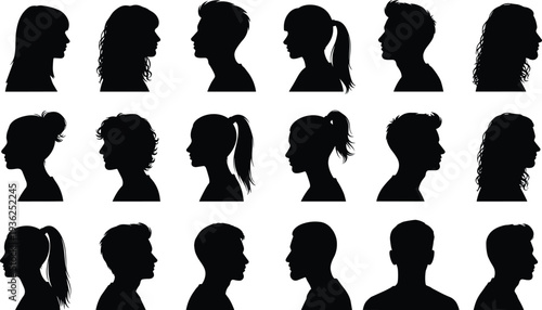 Human head profile silhouettes, diverse hairstyles and facial shapes illustration, vector art design, demographic representation concept sequence