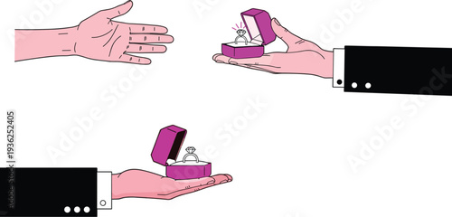 Close up of human hands holding open jewelry boxes with diamond engagement rings for marriage proposal and romantic wedding celebration illustrations