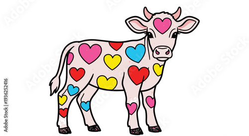 Heart Covered Cow in Pink with Colorful Hearts