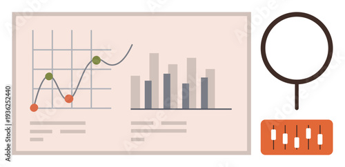 Data presentation, financial analysis, market trends, stock monitoring, business strategy, information management. Includes graphs, bar charts candlestick charts and a magnifying glass. Financial