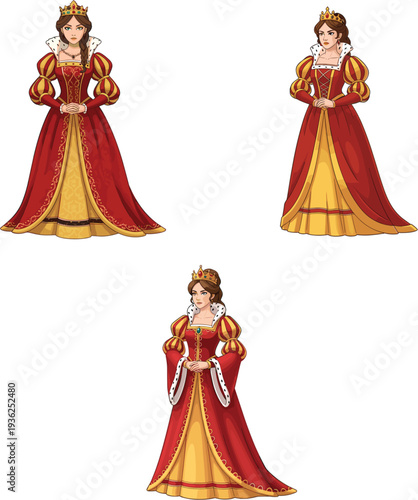 Elegant medieval royal queen character set in red and gold gown with crown and jewelry for fantasy gaming illustrations