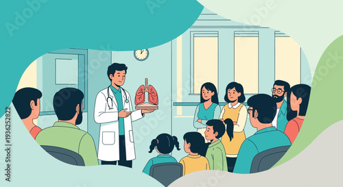 Doctor explains lung anatomy to diverse group of people in a classroom