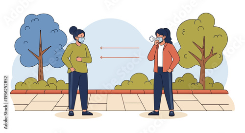 Two women wearing face masks stand apart on a sidewalk during pandemic