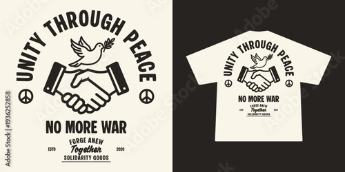 Unity Through Peace Anti War Vector Illustration – Handshake, Dove and No More War T-Shirt Design