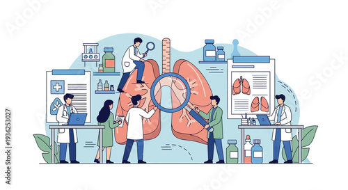 Medical team examines human lungs with magnifying glass in laboratory setting