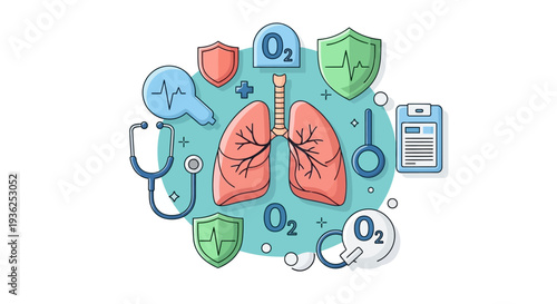 Medical illustration of lungs surrounded by health symbols and icons
