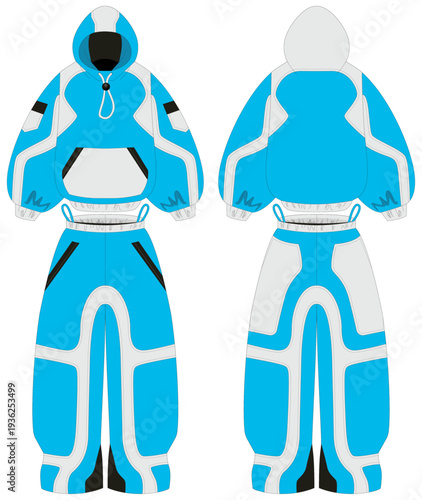 Man Sport Tracksuit with Hoodie and Pants Mockup Front and Back Stylish Trendy Clothes Template Fashion Vector