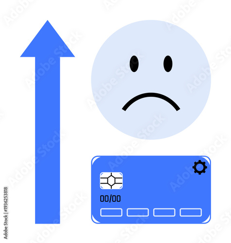 Financial challenges. Sad face and upward arrow convey economic struggles, paired with a bank card financial concepts. Financial challenges impact budgeting, banking, lending, and payments