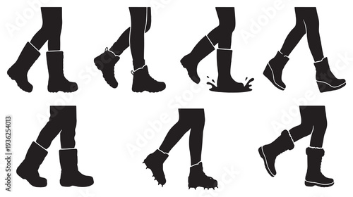 Collection of silhouette illustrations showing a person's legs walking in different types of boots.
