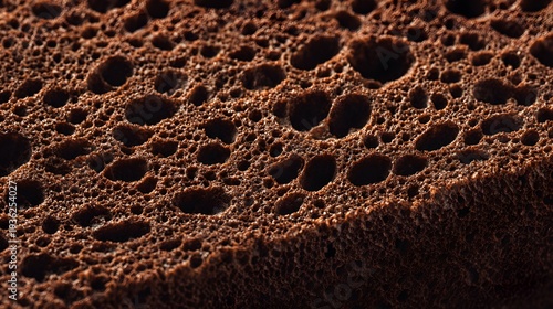 Closeup macro hole chocolate sponge cake