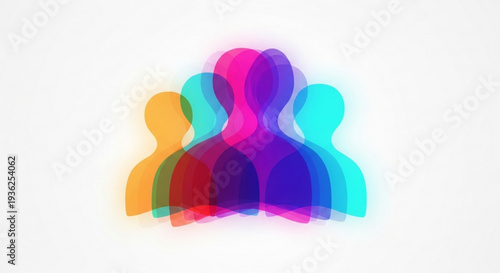 Vibrant overlapping human silhouettes in colorful translucent layers conveying teamwork and unity on a white background