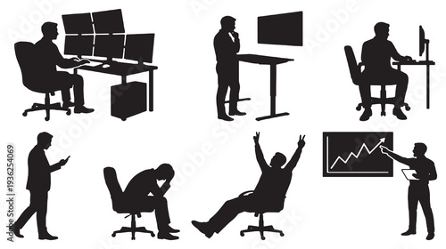 Collection of silhouette illustrations depicting various business and office activities, including working at computers, presenting data, and experiencing different emotions.